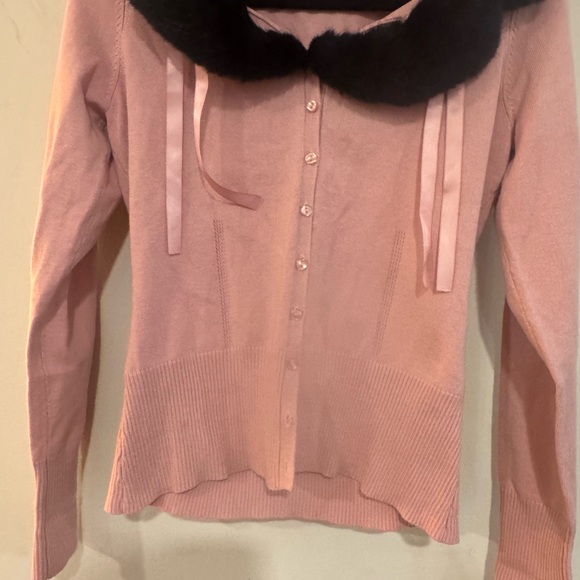 Glam Y2K Tribal Soft Pink w/Black Faux Fur Trim & Ribbons Cardigan - Picture 2 of 5
